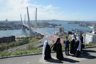 Вид со смотровой площадки на город Владивосток и бухту Золотой Рог