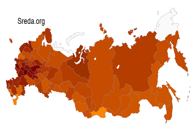 Относительная плотность распределения по российской территории православных христиан, принадлежащих к Русской Православной Церкви