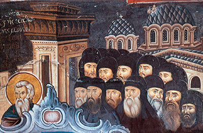 Фреска 1312 года (отреставрирована в 1819 году): монахи со св.Иоанном Лествичником. Монасытрь Ватопед, Афон.